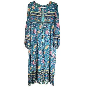 Prairie Boho Tassel Tied Midi Dress Women's‎ M Blue-Green Floral Balloon Sleeve